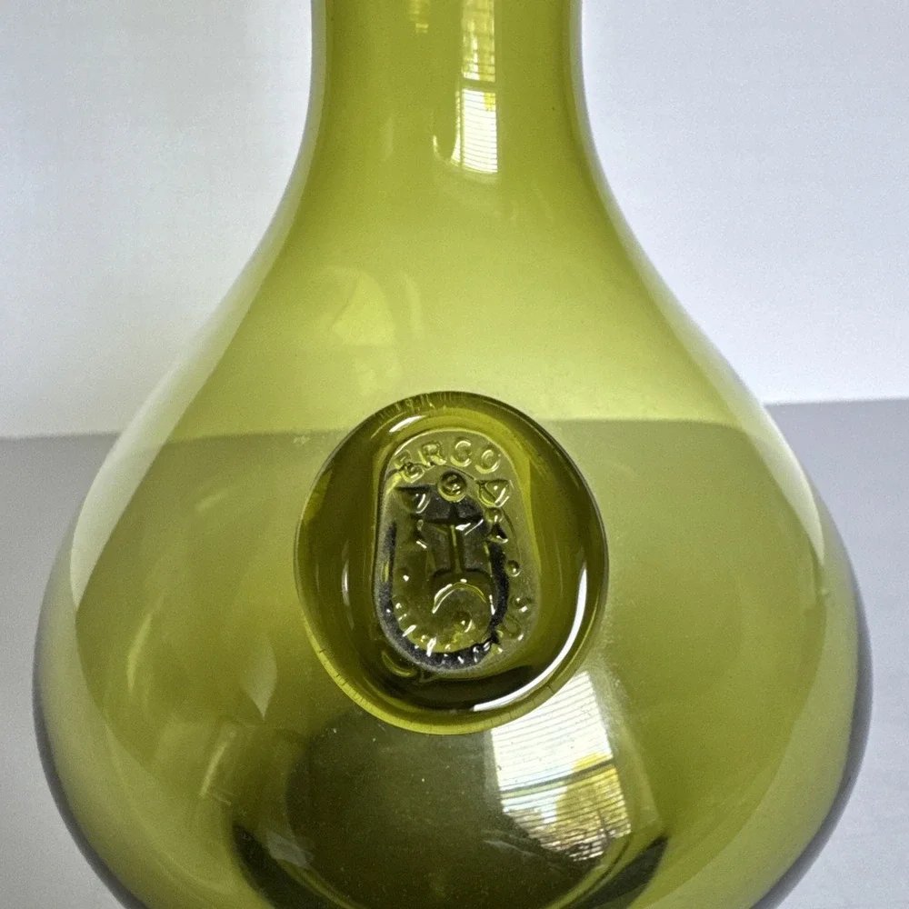 VTG ERCO Italian Art Glass Vase Olive Green MCM Bulbous Long Neck Applied Seal